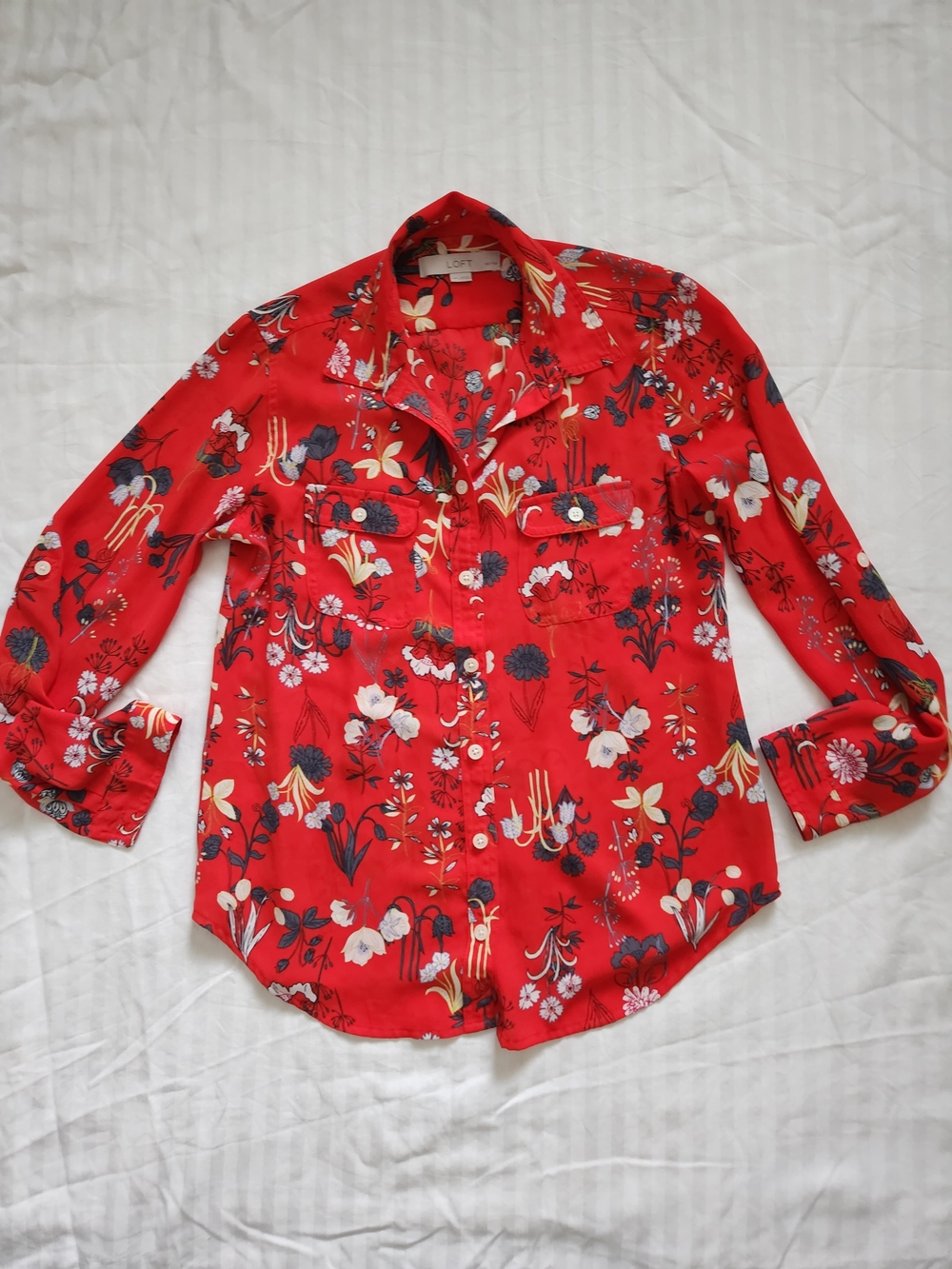 LOFT Red Floral Button-Down Blouse